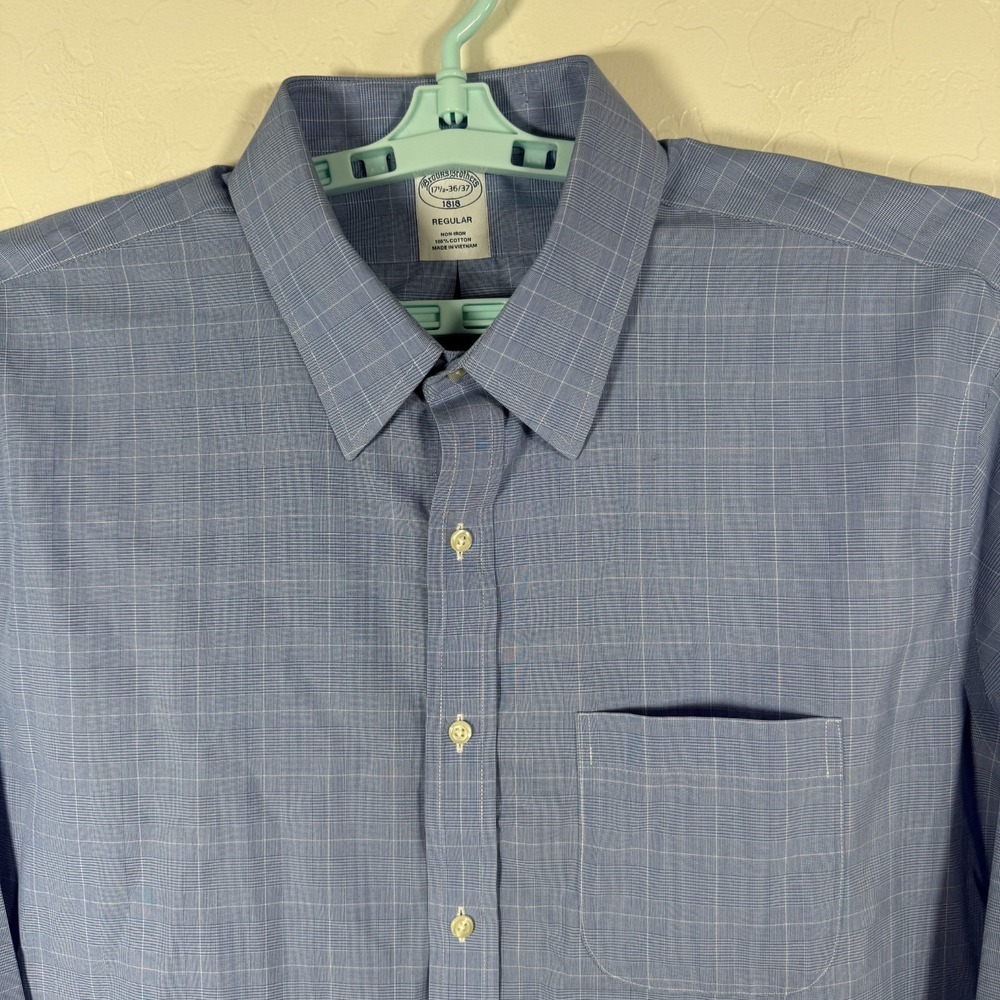 Brooks Brothers Shirt Mens 17.5 - 36/37 Blue Button Up Non Iron Cotton Plaid‎